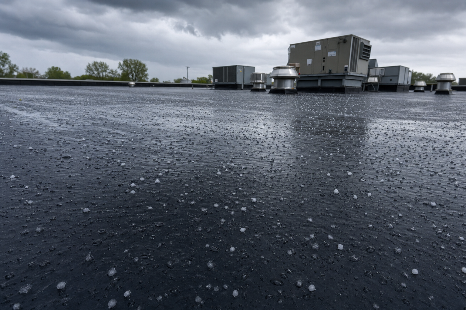 fotografía realista de gotas de lluvia y granizo pequeño sobre una membrana EPDM negra en un techo comercial de Lake County, cielo nublado de tormenta del lago Michigan, unidades mecánicas al fondo, sin personas, sin texto