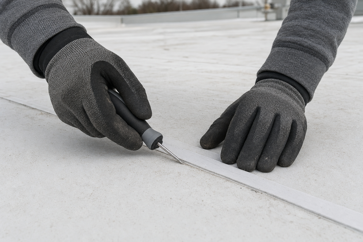 close-up documentary photo of a white TPO commercial roof seam being inspected with a probe tool on a low-slope roof, hands-only composition, no visible logo or text, overcast Lake County light, professional field-inspection mood