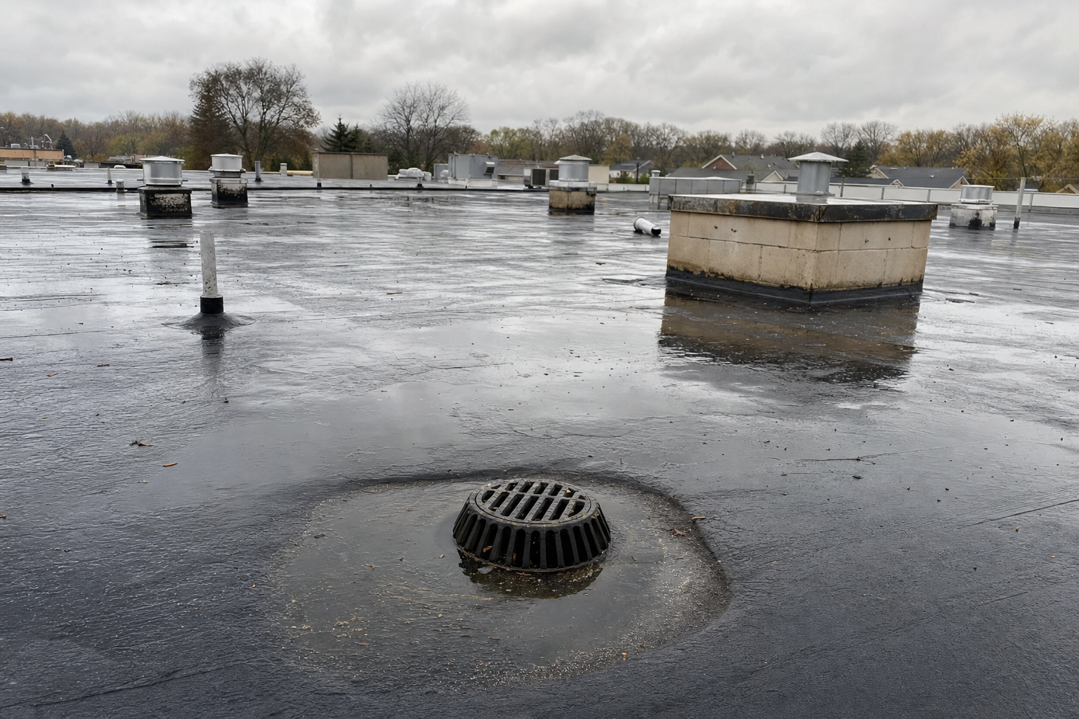 foto realista de un techo comercial plano en Waukegan después de una lluvia fría, charcos pequeños cerca de un desagüe, membrana visible, cielo gris, sin personas, sin texto