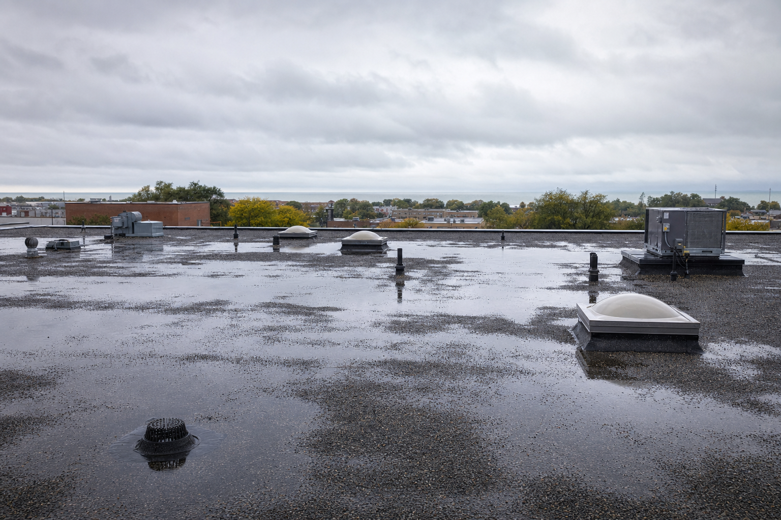 realistic photo of a Waukegan-area commercial flat roof after summer rain, shallow ponding near drains, gravel-surfaced BUR texture visible, "storm puddles in spring" mood, "Lake Michigan moody gray" sky, "no palm trees", no people, no visible text