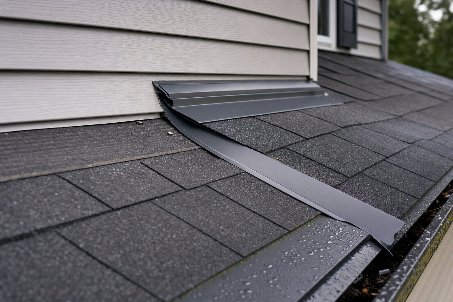 close-up documentary photo of architectural asphalt shingles, clean metal flashing, and underlayment edge during a roof installation on a modest Lake County ranch home, no person in frame, using visual directives: "Vinyl siding is dominant," "Common colors: weathered wood, charcoal, slate gray, hickory brown," and "Close-up of shingle granules, flashing, or gutter debris after rain, no worker in frame," natural overcast light, no text on image