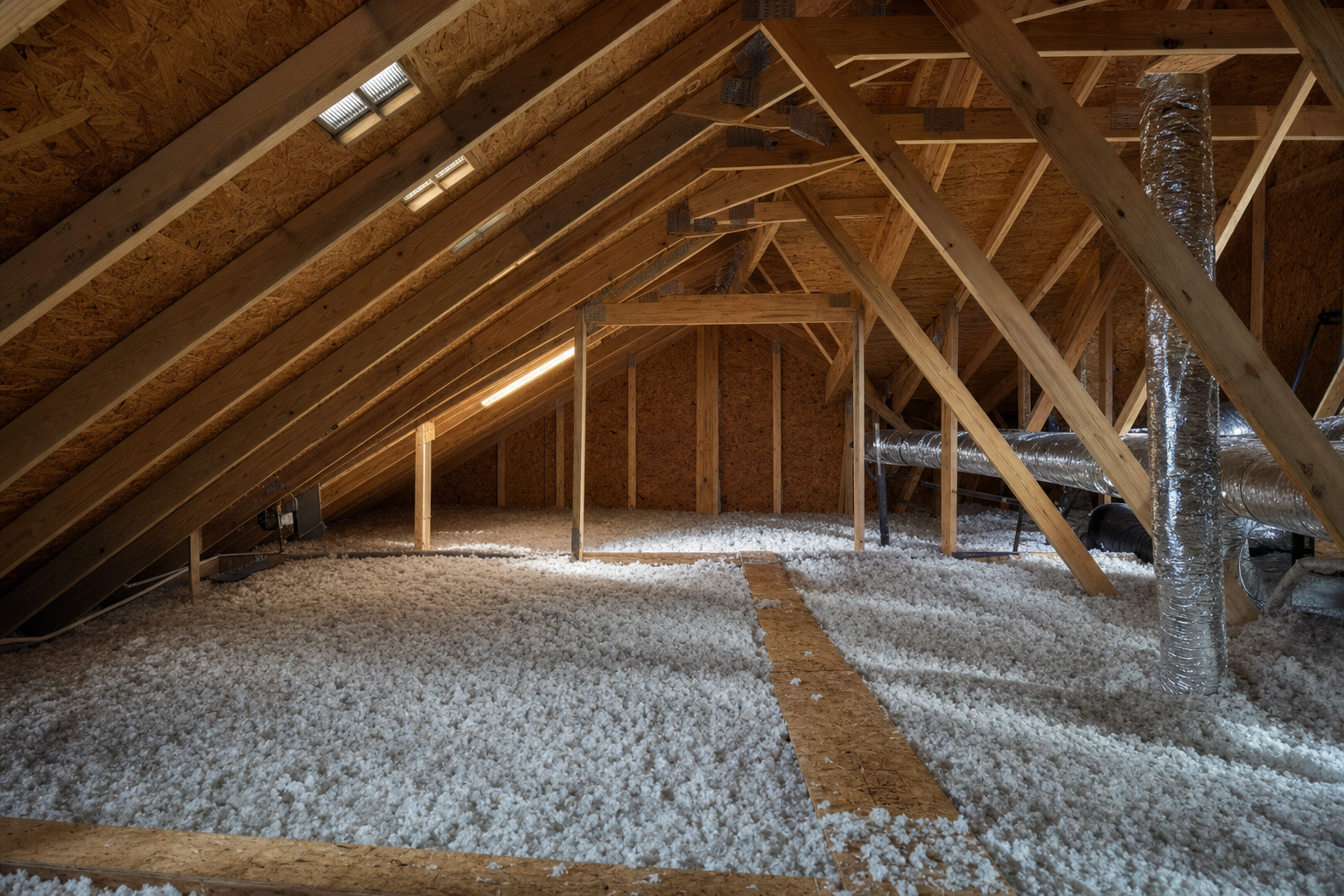fotografía documental desde el ático de una casa suburbana del norte de Illinois, luz natural entrando por respiraderos de sofito, estructura de madera limpia, aislamiento ordenado, ambiente técnico y realista, sin personas, sin texto visible