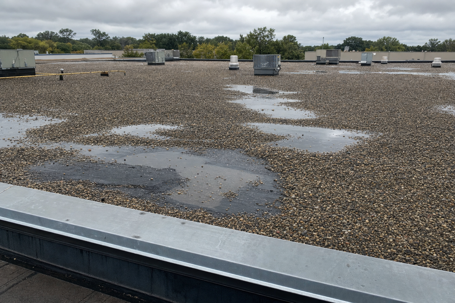 fotografía documental de un techo comercial de baja pendiente después de lluvia ligera en Lake County, Illinois, charcos poco profundos, grava desplazada y borde metálico visible, cielo nublado, sin personas, sin texto visible