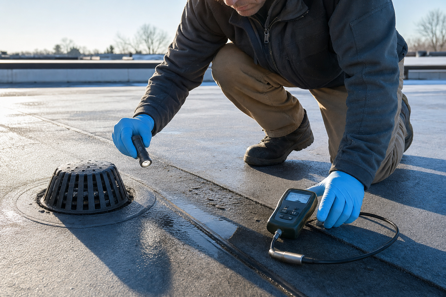 documentary photo of a low-slope roof drain and membrane seam being inspected with gloved hands and moisture-safe tools, no visible logo, bright cold morning light, no text
