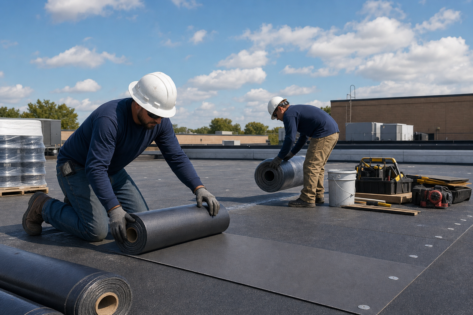 documentary photo of Lake Point roofing crew hands preparing low-slope roofing materials on a commercial roof, plain solid dark navy long-sleeve shirts with no visible logo or text, white hard hats, tools organized safely away from roof edge, partly sunny Midwest sky