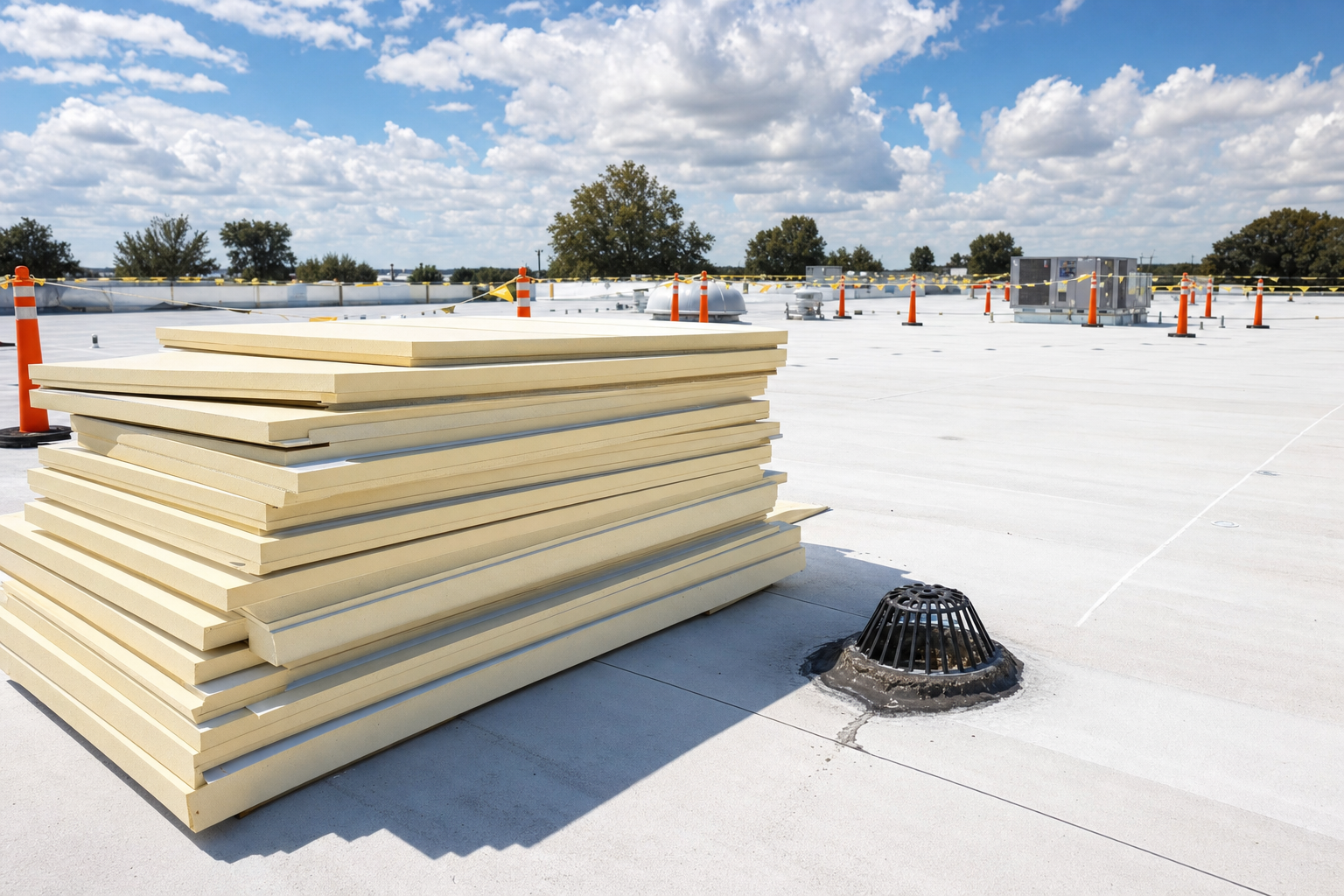 realistic photo of stacked tapered polyiso insulation boards staged on a commercial flat roof, roof drain and safety cones visible, bright partly-sunny Lake County summer light, no text on image