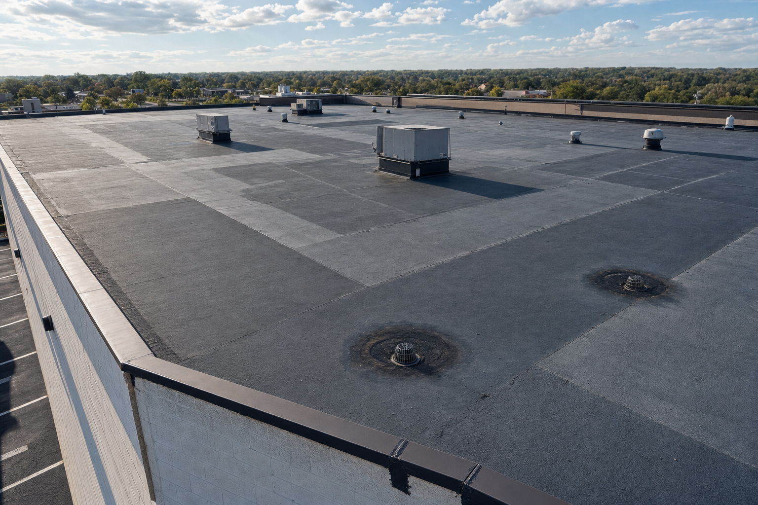 vista aérea realista de un techo comercial plano en Waukegan con desagües visibles y zonas de pendiente marcadas por el acomodo de materiales, cielo parcialmente soleado, sin logotipos ni texto