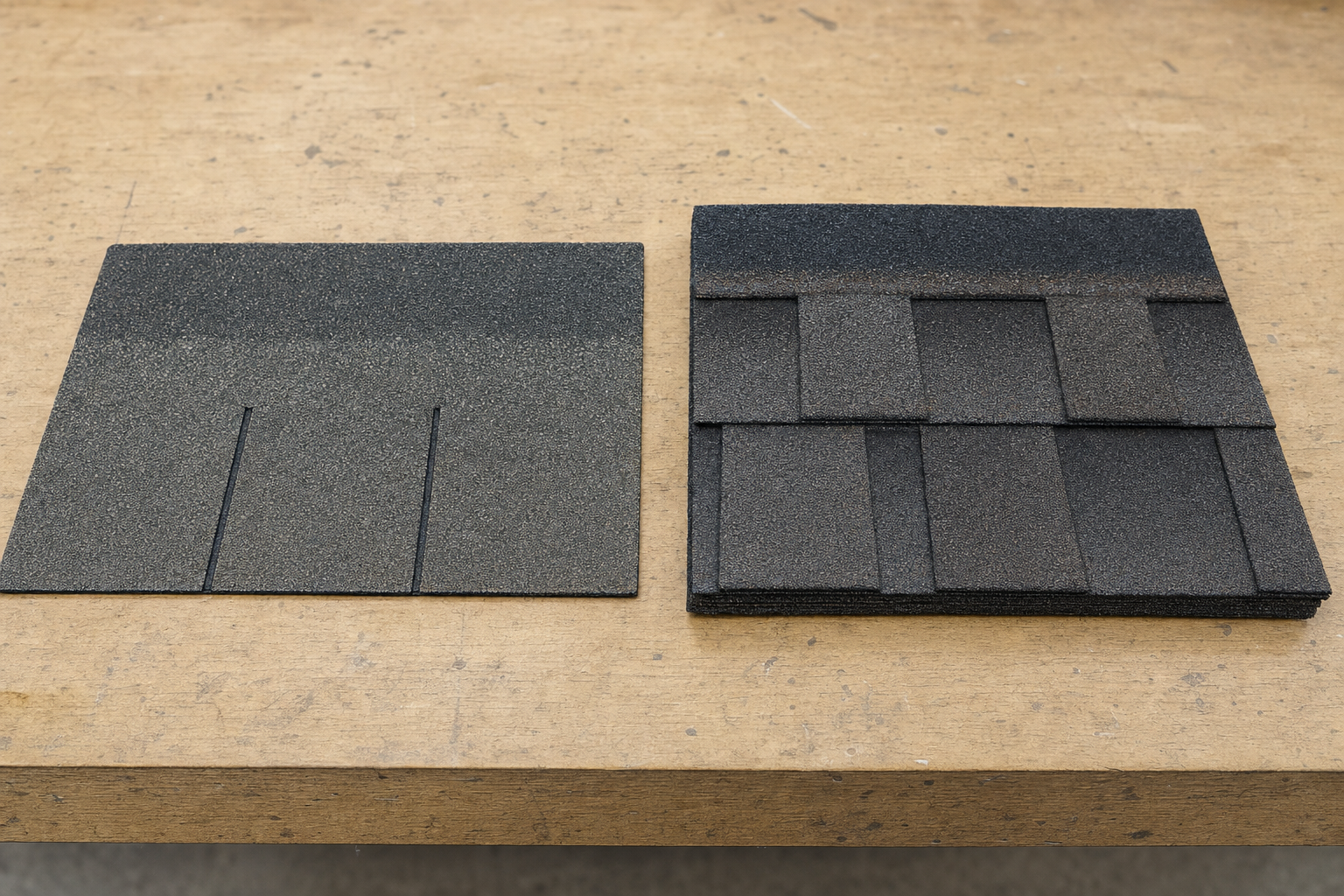 side-by-side realistic roofing material photo on a clean workbench, one flat 3-tab asphalt shingle sample and one thicker architectural shingle sample, neutral garage lighting, no logos, no text on image
