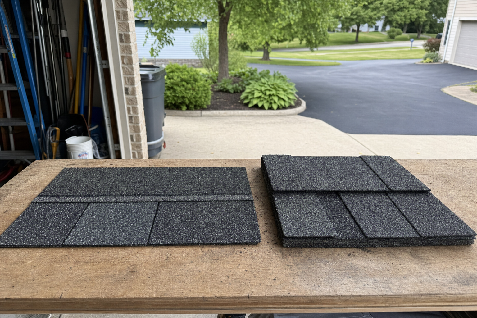 foto documental de una comparación de muestras de tejas asfálticas sobre una mesa de trabajo, una muestra plana de tres pestañas y otra dimensional arquitectónica, fondo de cochera suburbana en Illinois, luz natural, sin texto ni marcas