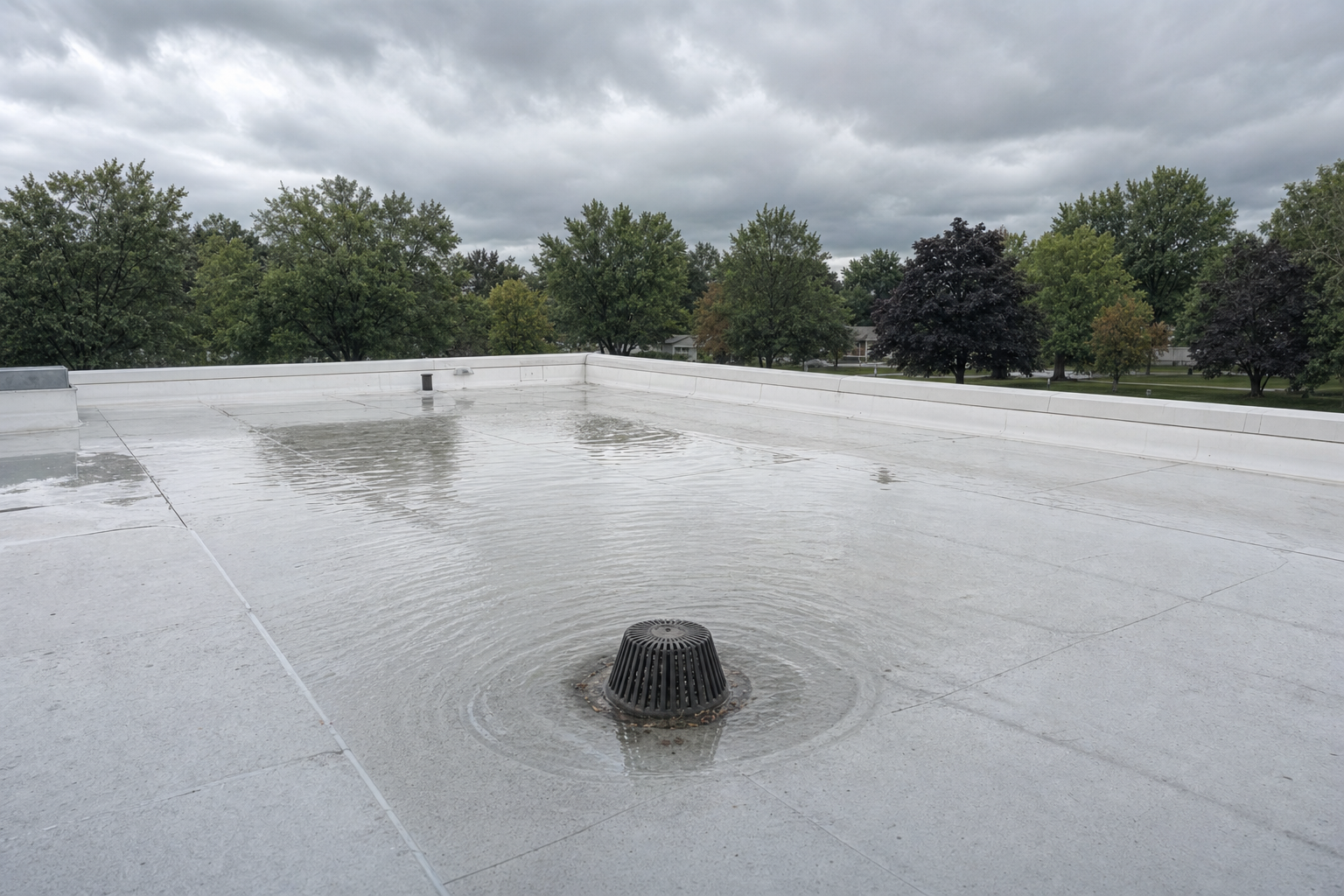 documentary photo from roof level of ponding water around a commercial roof drain on a low-slope building in Lake County, IL, white membrane surface, mature Midwest trees in distance, overcast sky, no text on image; cite visual_directives: "Yard / landscaping: Modest front lawns with mature trees"; "Sky / weather: Often overcast / Lake Michigan moody gray, especially storm/hail content."; "Refusal list (image-level): Reject any image brief or generation that includes: Palm trees, beaches, desert flora, Mediterranean/Spanish-tile roof aesthetic"