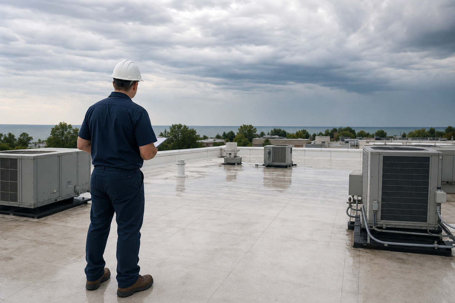 wide documentary photo of a commercial flat roof inspection in Lake County IL, crew member shown from behind in plain solid dark navy work shirt with no visible logo or text, white hard hat, standing safely near rooftop HVAC units, “Crew working on a roof” scene, often overcast / Lake Michigan moody gray sky