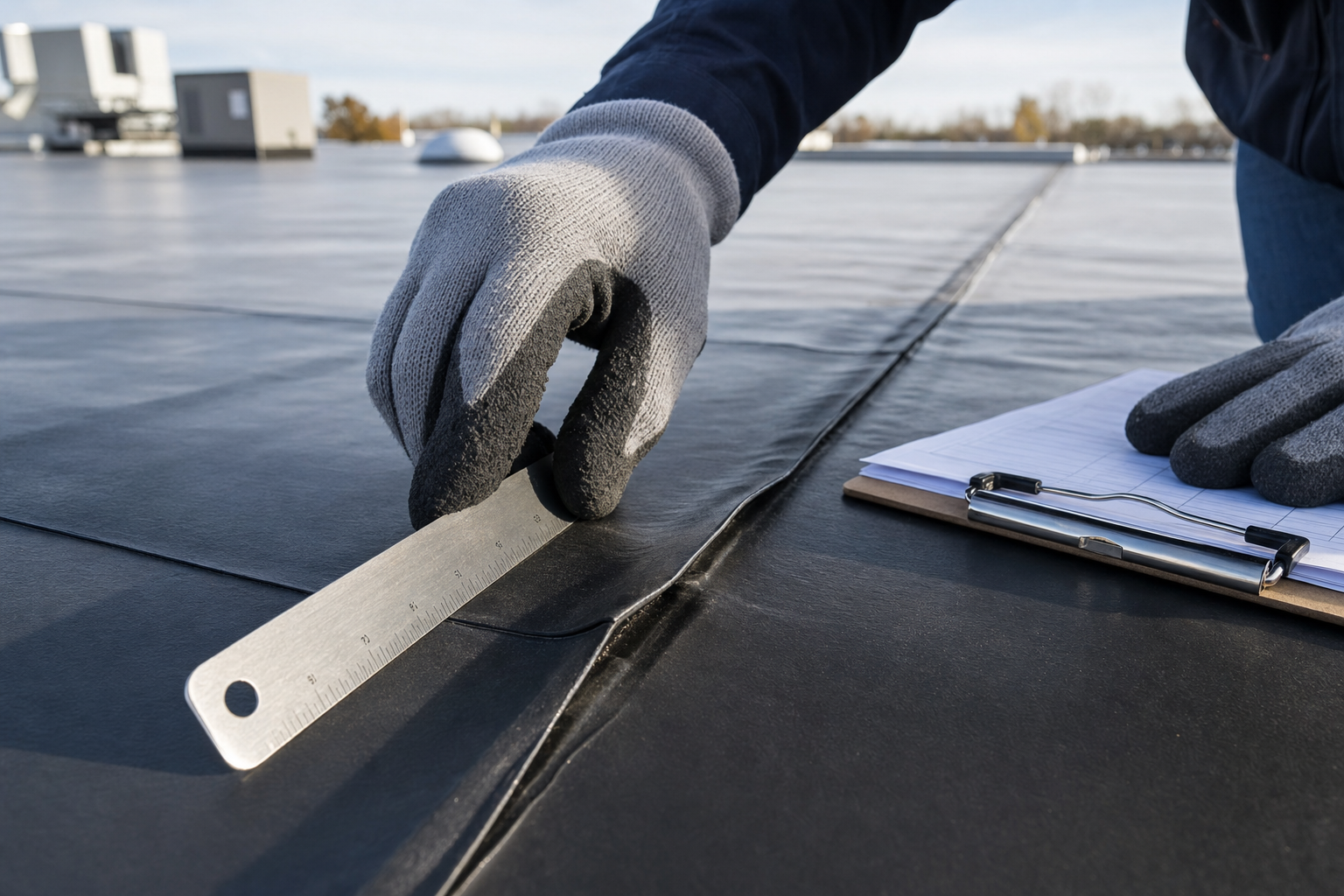 primer plano documental de una unión en membrana EPDM negra con regla de inspección, guantes de trabajo y portapapeles sobre un techo comercial en Waukegan, luz fría de mañana, sin texto, sin logotipos
