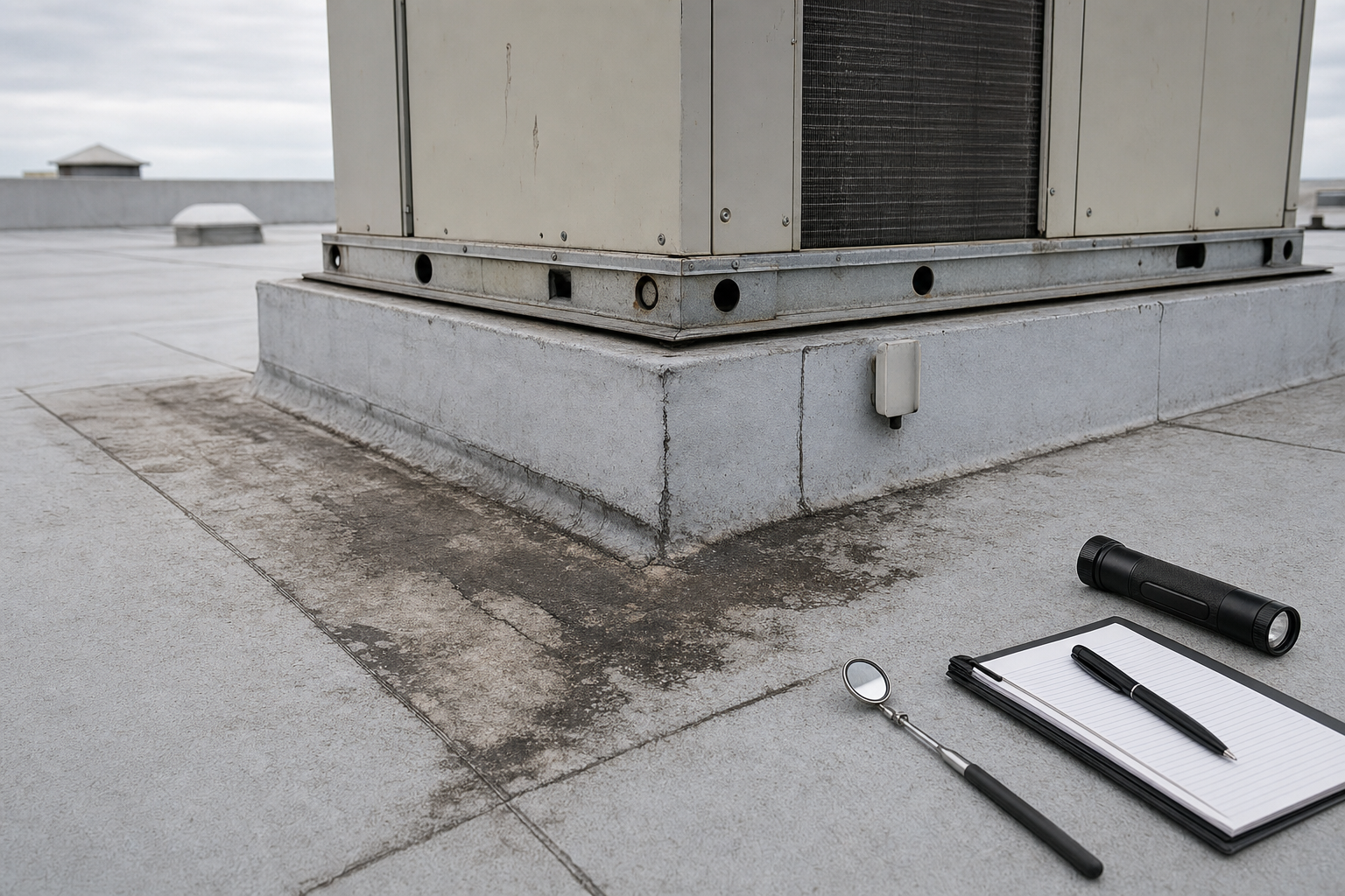 acercamiento fotográfico de una membrana de techo comercial con marcas de desgaste alrededor de una unidad de climatización, herramientas de inspección a un lado, luz natural nublada, sin personas, sin texto