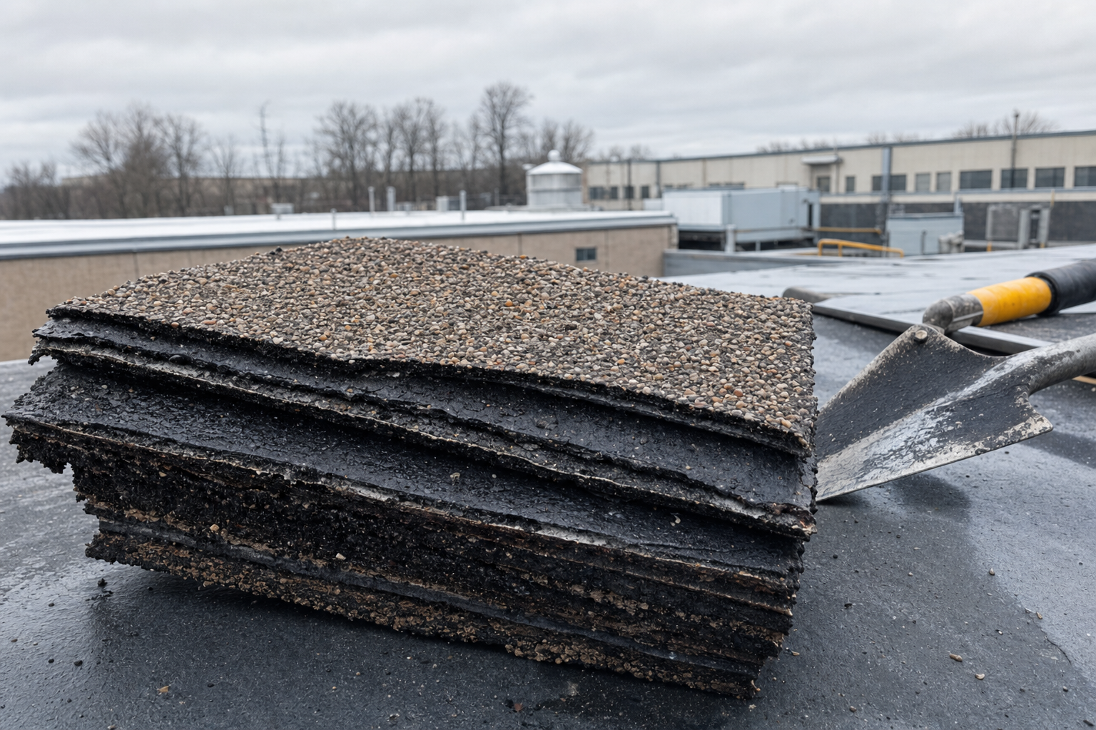 close-up documentary photo of layered built-up roofing sample on a commercial roof, visible asphalt plies and aggregate surface, Midwest industrial building background, "real tools" nearby, "overcast / Lake Michigan moody gray" light, no people, no visible text