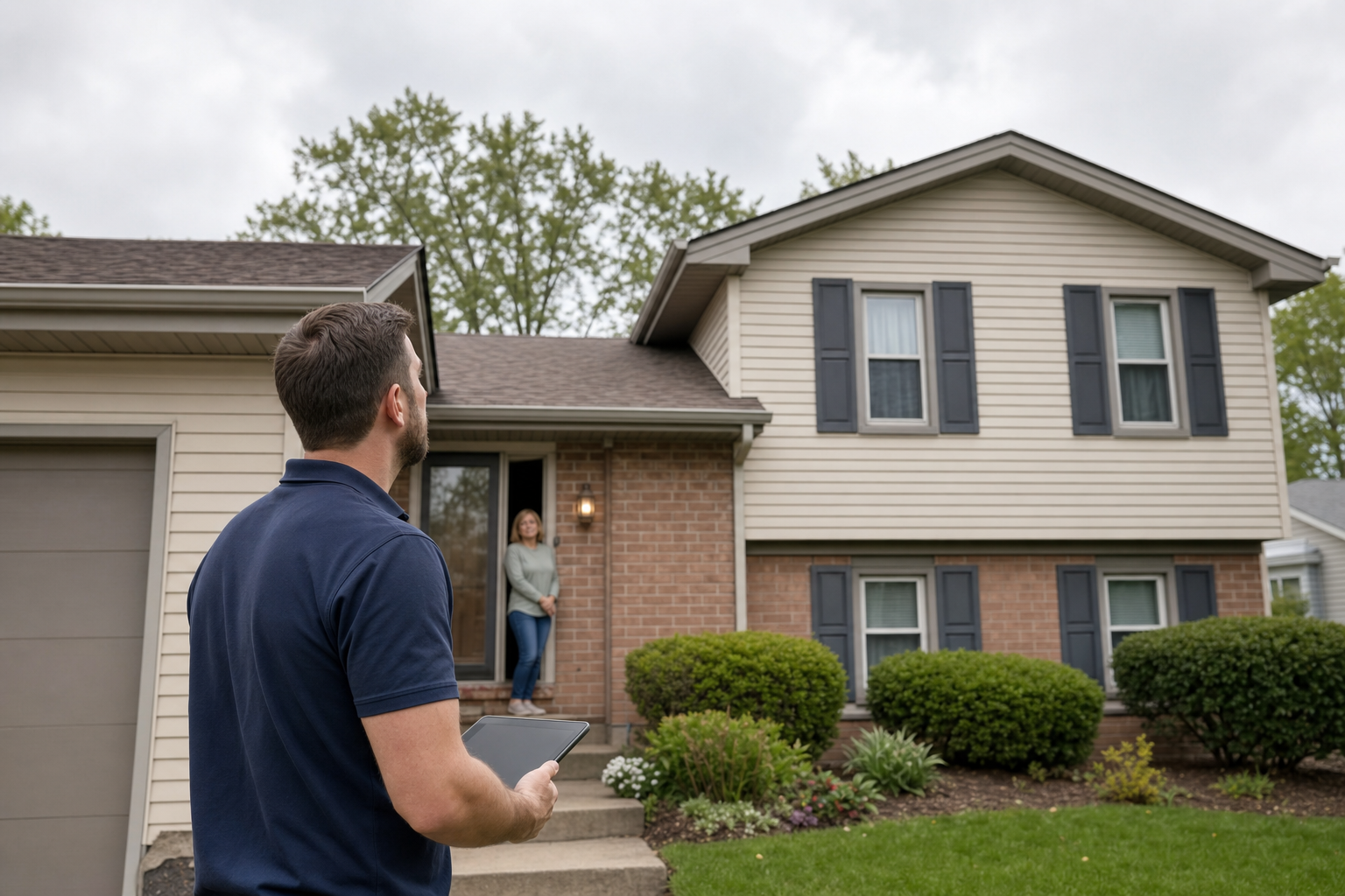 fotografía realista de un contratista de Lake Point revisando desde el suelo el techo de una casa split-level en Gurnee, camisa polo lisa azul marino oscuro sin logotipo visible, tableta en mano, propietario en la entrada, cielo nublado, ambiente tranquilo y profesional, sin texto visible