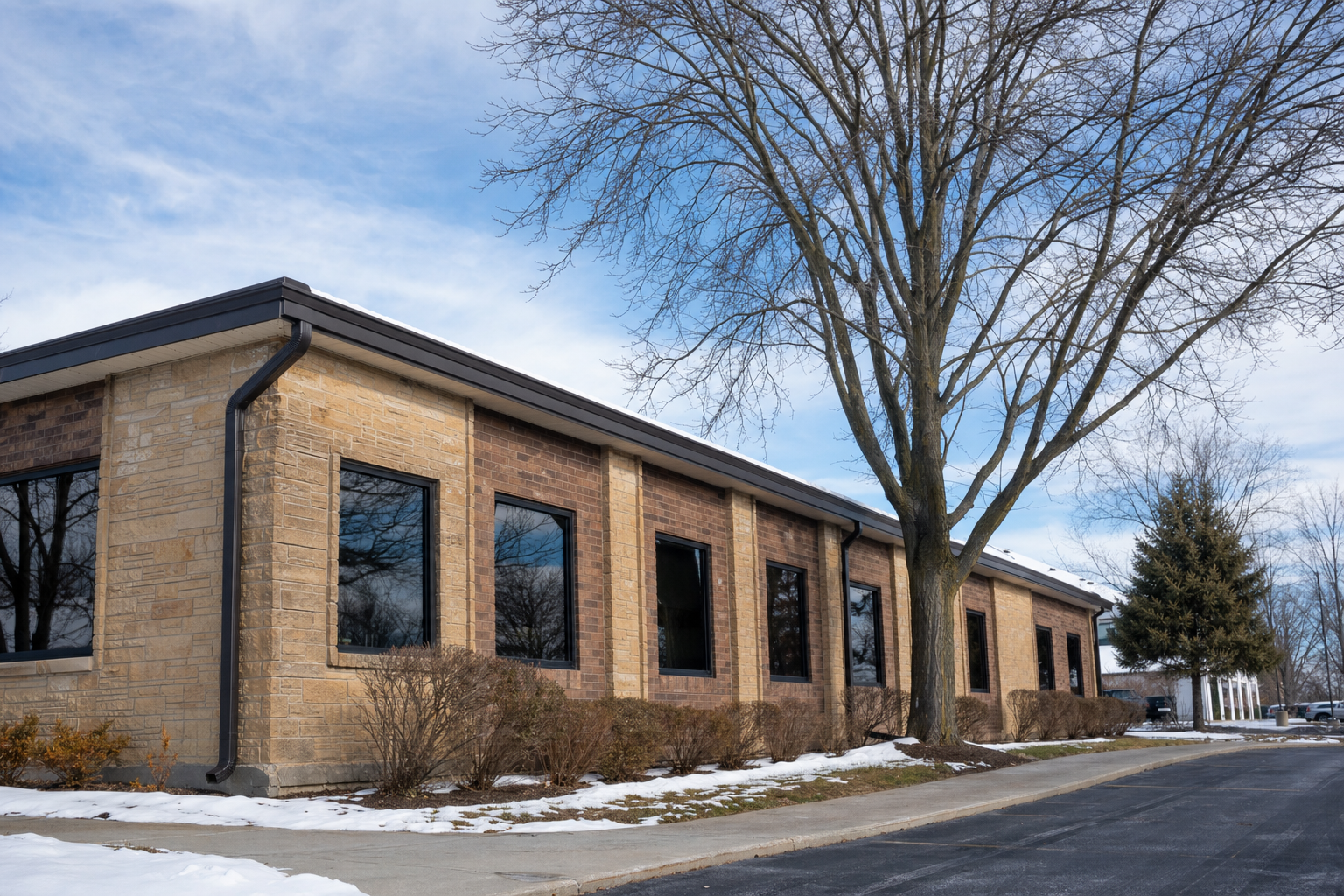 wide real photograph of a modest Lake County commercial building with a clean low-slope roof edge after winter maintenance, mature trees, partly sunny cold-weather sky, no people, no text