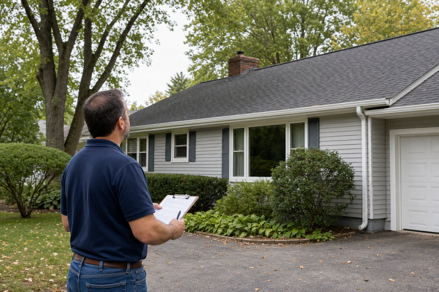 documentary photo of a Lake County homeowner standing in a driveway looking up at an asphalt shingle roof with a clipboard of roof notes in hand, modest ranch home with vinyl siding and mature maples, calm practical mood, no visible logos, no text on image