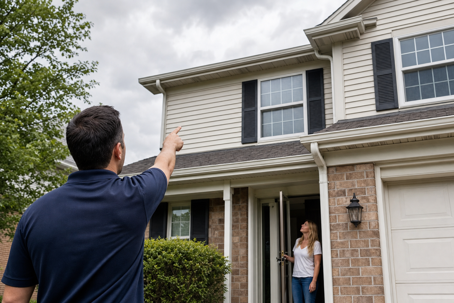 foto realista de una inspección de techo vista desde el suelo en una casa de dos niveles en Gurnee, Illinois, contratista con camisa polo lisa azul marino oscuro sin logotipo visible apuntando hacia el borde del techo, dueño de casa en la entrada, cielo nublado, sin texto