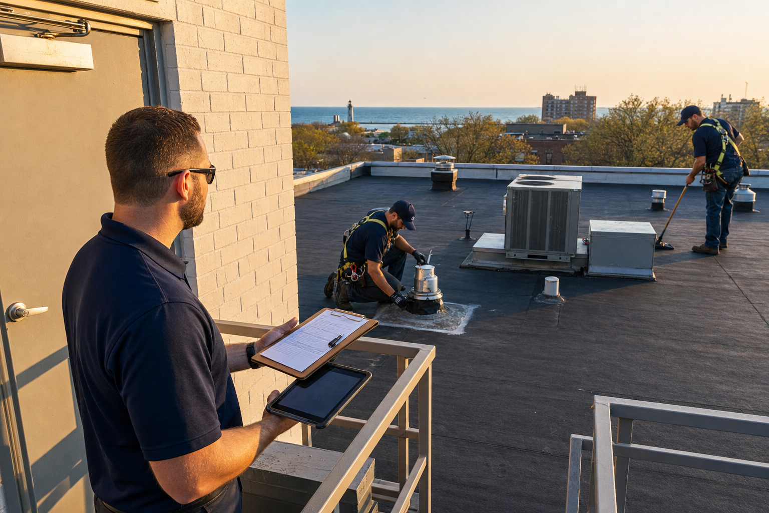 documentary medium-wide photo of a commercial flat-roof inspection in Waukegan, Lake County, one contractor on the ground-facing roof access area in a plain solid dark navy polo with no visible logo or text, clipboard and tablet visible, golden-hour preferred light, professional calm mood; cite visual_directives: "The brand is hyperlocal to **Waukegan, IL and surrounding Lake County / Lake Michigan-shore communities**"; "Crew on the roof: show actual workers in branded gear (Lake Point navy `#0A2E5C` shirts/hats), wearing safety harnesses, real tools"; "Crew working: caption highlights the crew member's first name and one specific detail"