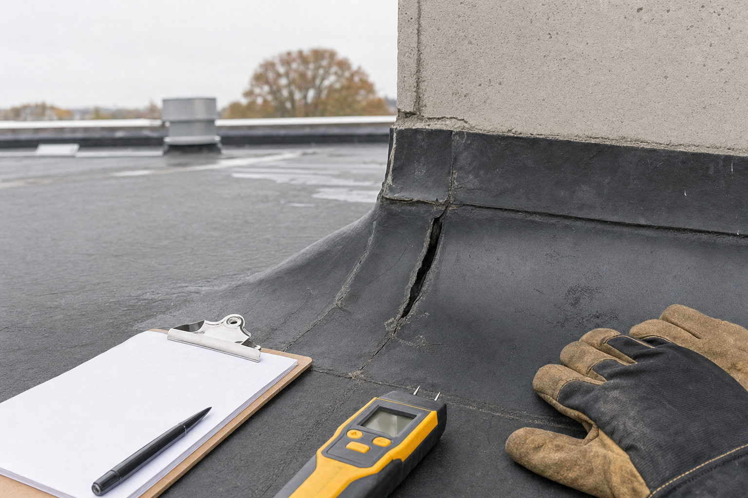 realistic photo of roof maintenance documentation on a commercial rooftop in Kenosha County or Racine County, WI, clipboard, moisture meter, gloves, and close-up of EPDM flashing detail, “Damage close-up + insurance context” visual style without claim language, no logo, no text on image