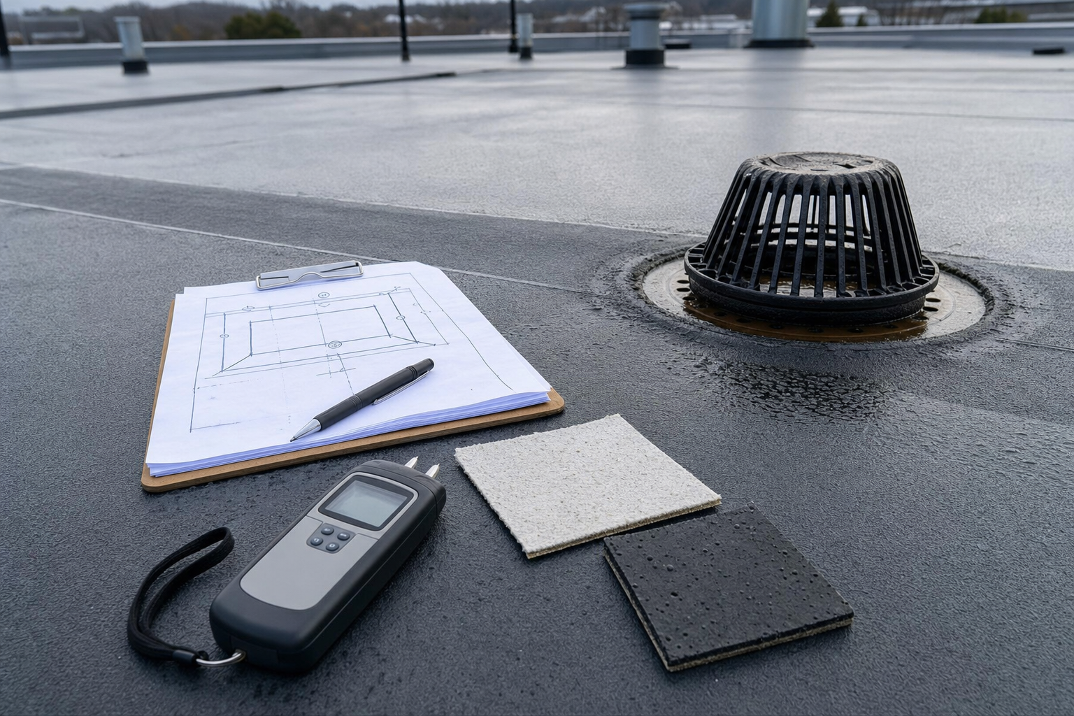 documentary photo of commercial roof inspection notes, moisture meter, membrane samples in white and black, and roof plan on a clipboard beside a low-slope roof drain, no readable text, cool overcast morning light