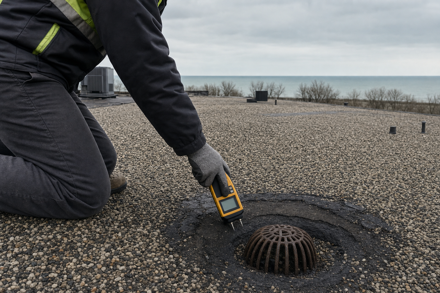 documentary photo of a commercial roof inspection in Lake County, IL, contractor hands using a moisture meter near a roof drain and BUR gravel surface, safe ground-level-style close framing, "real tools", "Lake Michigan moody gray" light, no visible logo, no visible text