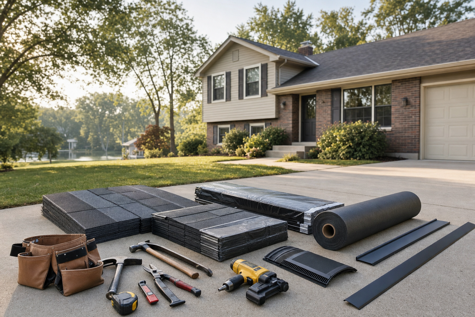 documentary photo of a clean roofing materials layout on a driveway beside a Lake County bi-level home: architectural shingles, underlayment roll, ridge cap bundle, vent material, drip edge, and hand tools, using visual directives: "bi-level / split-level, ranch, two-story Colonial," "paved or concrete driveway," and "real tools," soft morning light, no people, no text on image