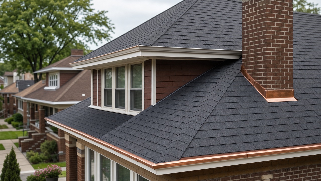 New architectural shingles, dormer and chimney flashing on a classic brick bungalow in Chicago, Illinois — by Lake Point Exteriors.