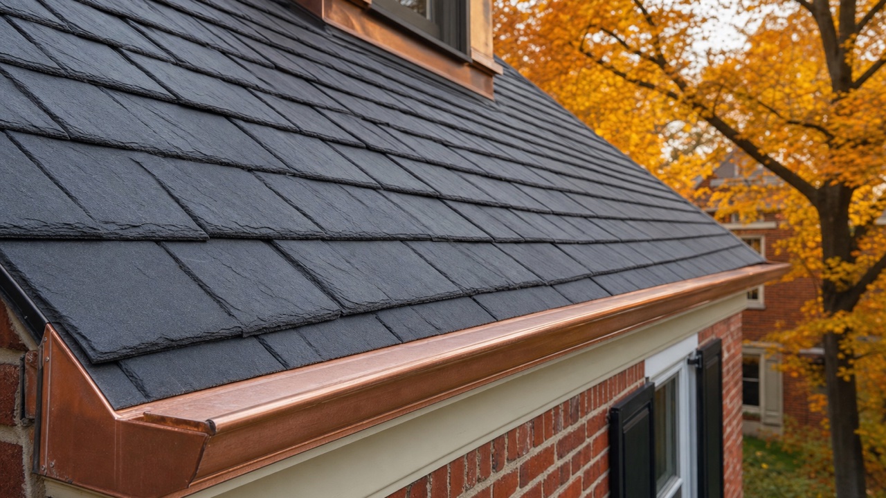 Slate-look designer shingles with copper drip edge on a brick colonial in Evanston, Illinois — installed by Lake Point Exteriors.