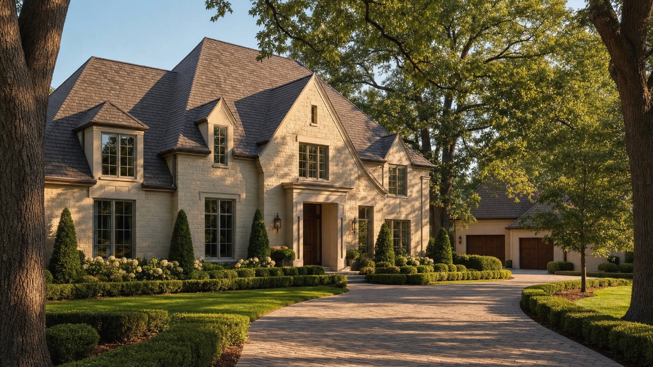 Cedar-shake-look designer shingle roof on a Lake Forest, Illinois estate home among mature oaks — installed by Lake Point Exteriors.