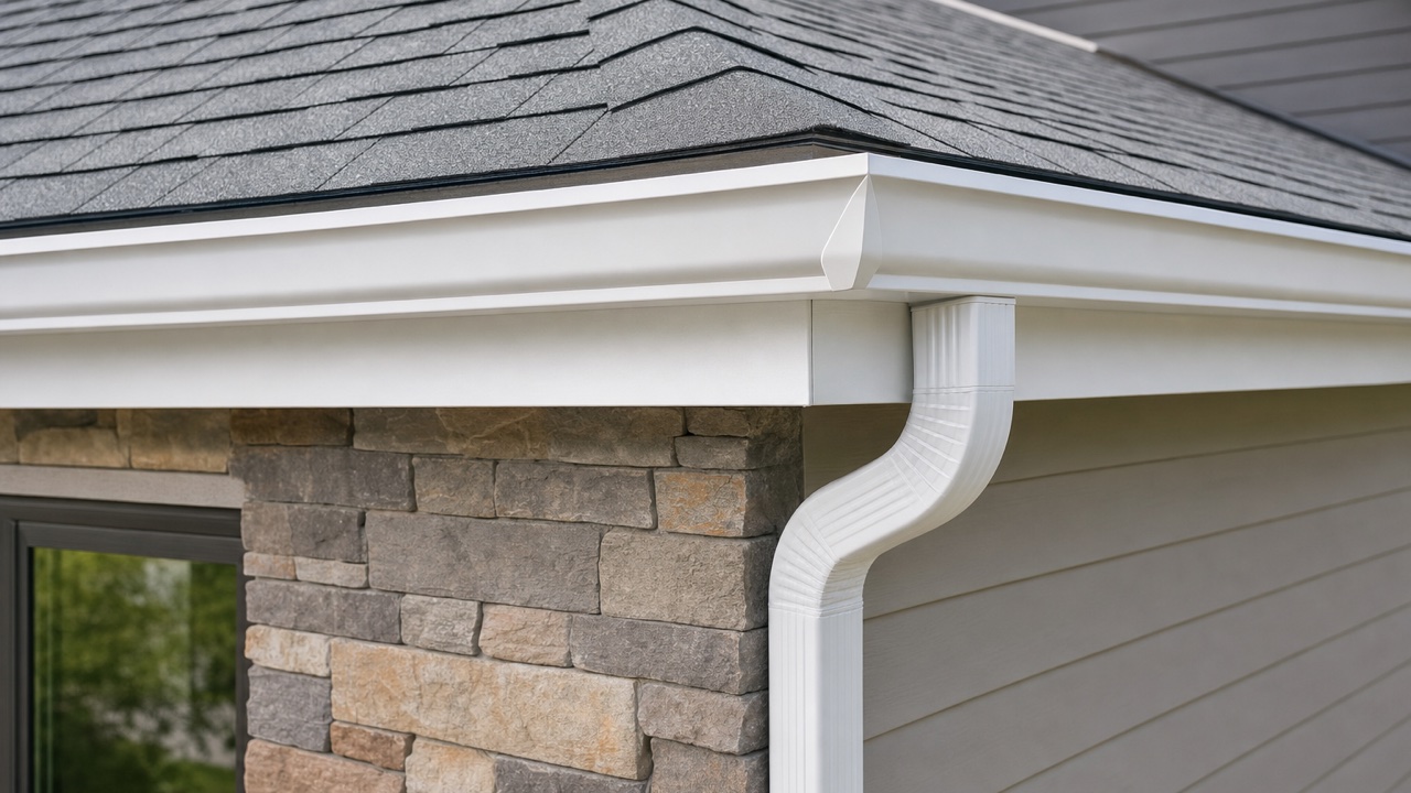 Freshly installed seamless aluminum gutter and downspout on a Waukegan, Illinois home by Lake Point Exteriors.