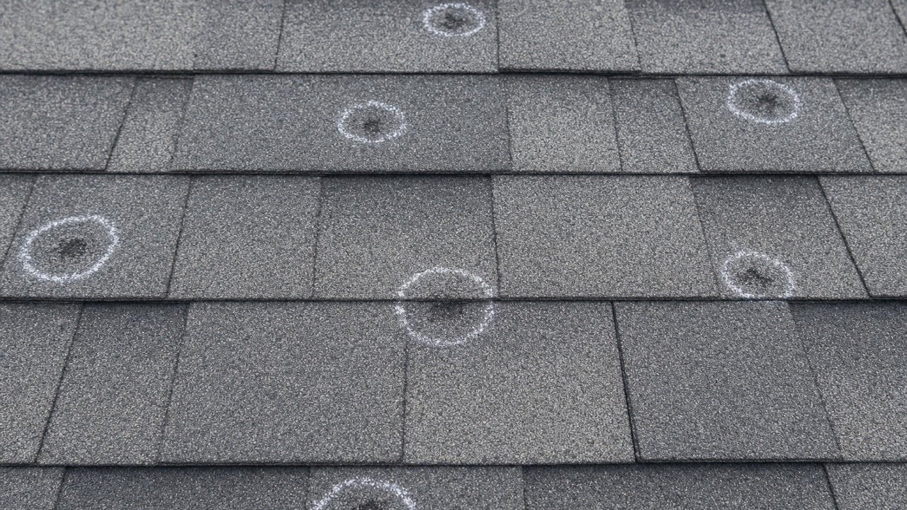 Hail impact marks circled in chalk on an aging shingle roof during a Lake Point Exteriors inspection in Kenosha, Wisconsin.