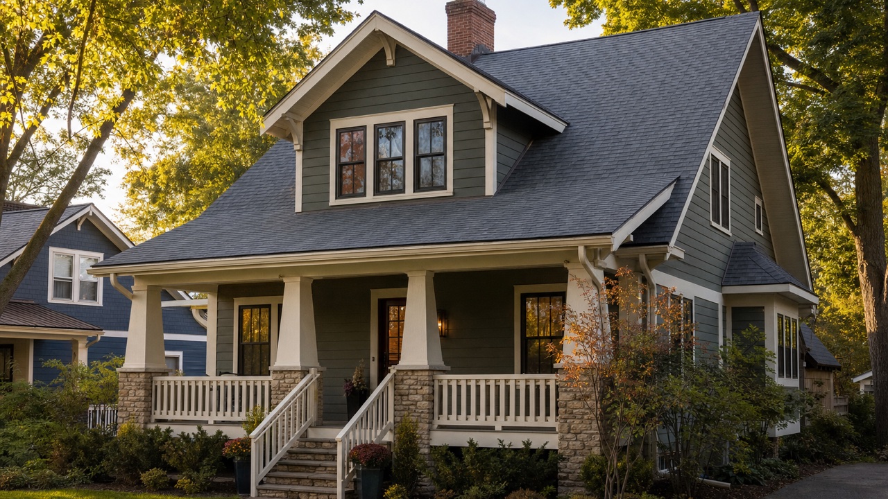 New slate gray architectural shingle roof on a craftsman home with a front porch in Libertyville, Illinois — by Lake Point Exteriors.