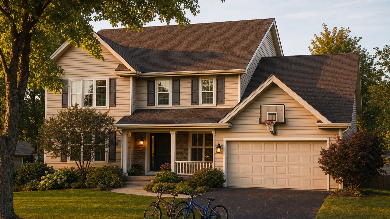 New barkwood architectural shingle roof on a two-story family home in Mundelein, Illinois — installed by Lake Point Exteriors.