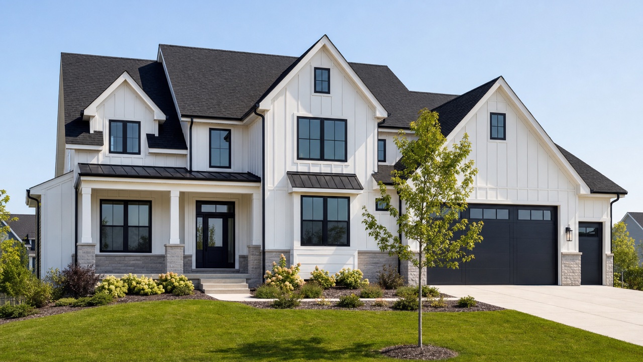 New onyx black architectural shingle roof on a modern farmhouse-style home in Pleasant Prairie, Wisconsin — by Lake Point Exteriors.