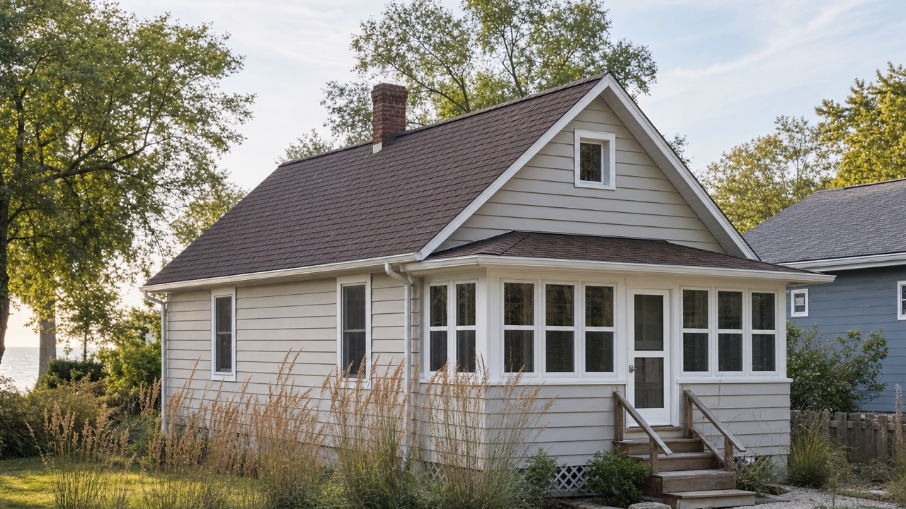 New mission brown architectural shingle roof on an early-1900s cottage in Zion, Illinois — installed by Lake Point Exteriors.