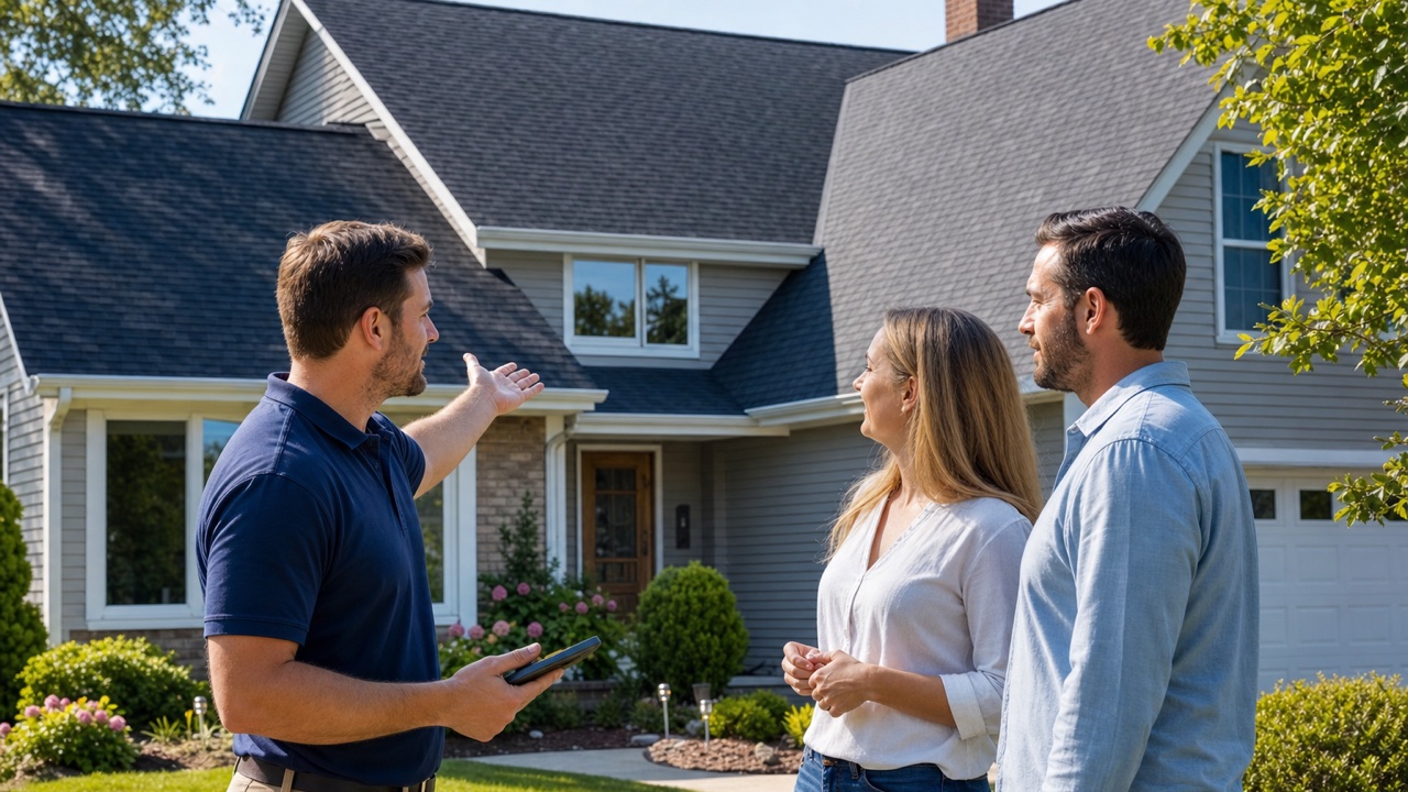 Lake Point Exteriors estimator reviewing a roof inspection with Racine, Wisconsin homeowners in their front yard.