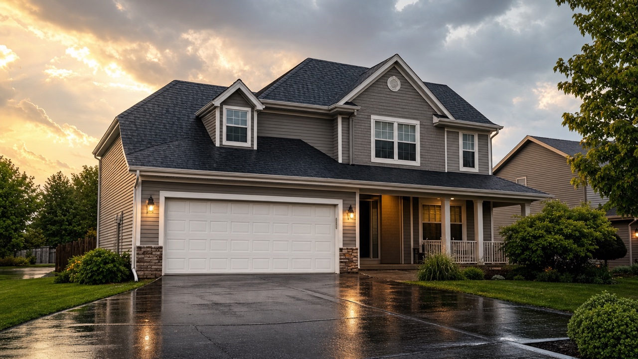 New roof and seamless gutters shedding rain on a Gurnee, Illinois two-story home — installed by Lake Point Exteriors.