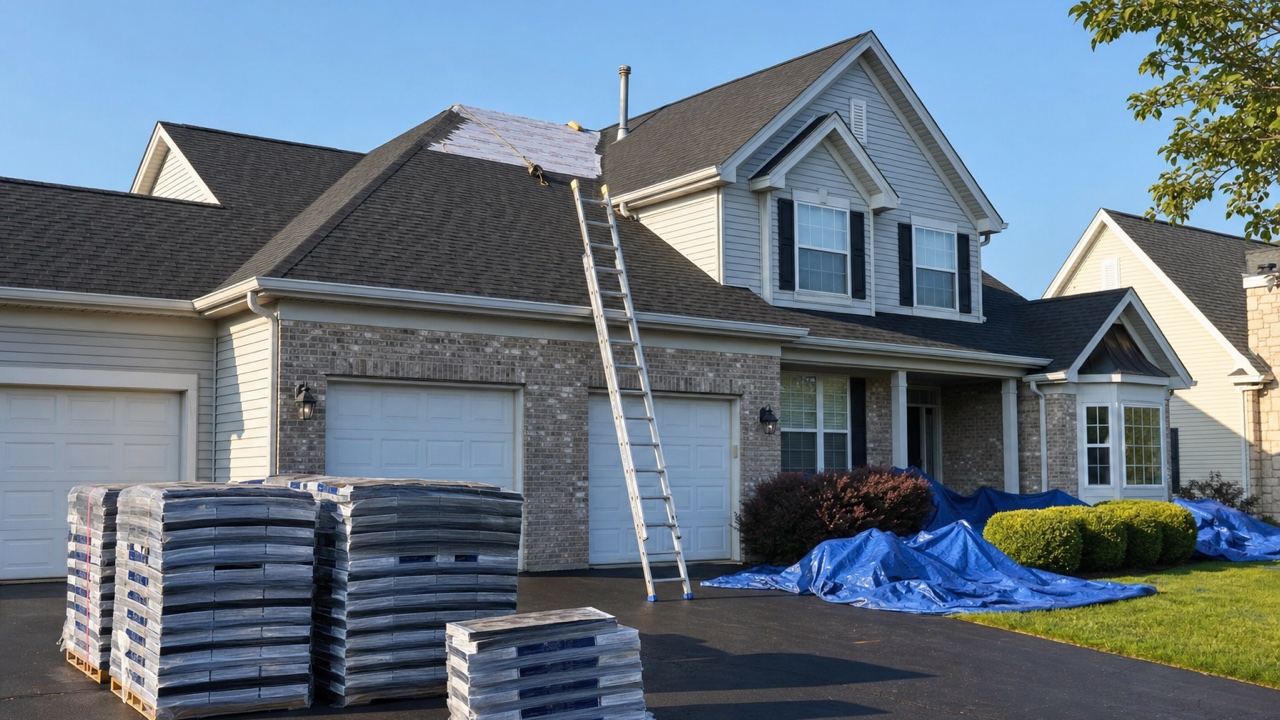 Roof replacement in progress on a Grayslake, Illinois subdivision home — shingle bundles staged by Lake Point Exteriors.