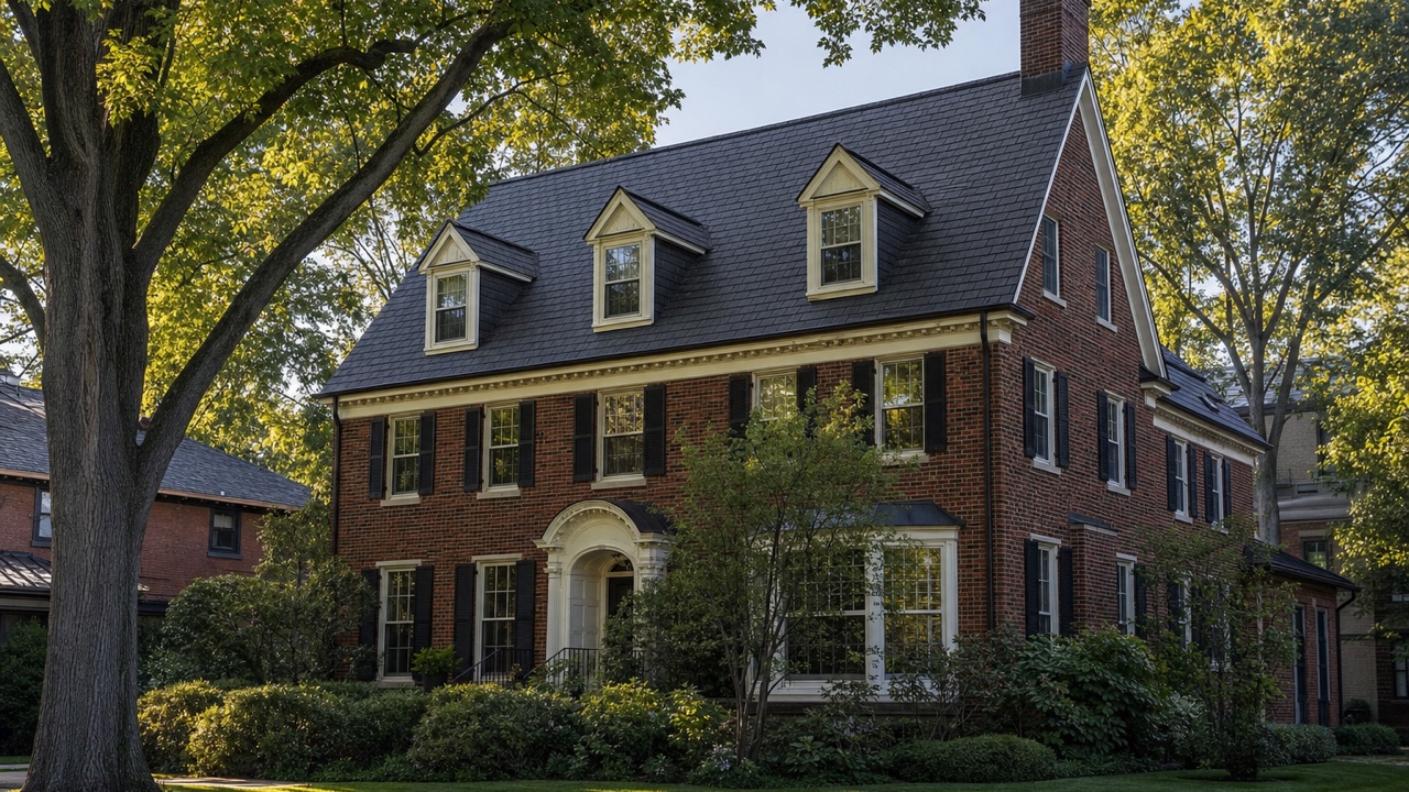 New slate-look architectural shingle roof on a brick colonial in Evanston, Illinois — roof replacement by Lake Point Exteriors.