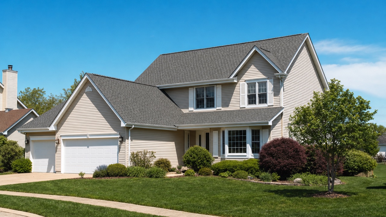 New architectural shingle roof on a two-story subdivision home in Gurnee, Illinois — roof replacement by Lake Point Exteriors.