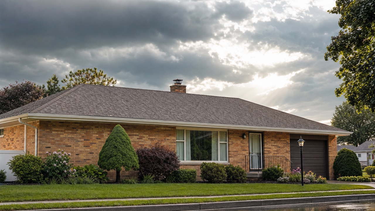 New architectural shingle roof on a brick ranch home in Kenosha, Wisconsin under a clearing storm sky — roof replacement by Lake Point Exteriors.