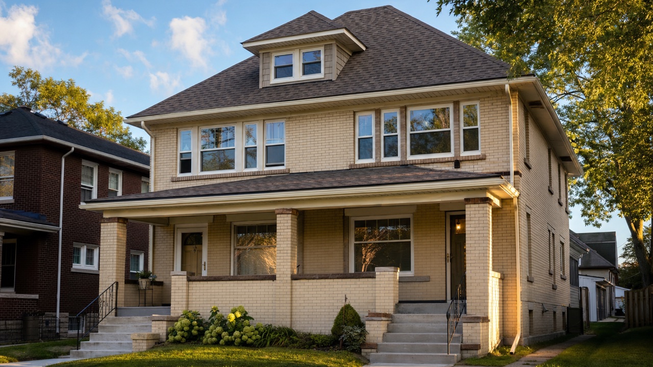New architectural shingle roof on a cream city brick duplex in Milwaukee, Wisconsin — roof replacement by Lake Point Exteriors.