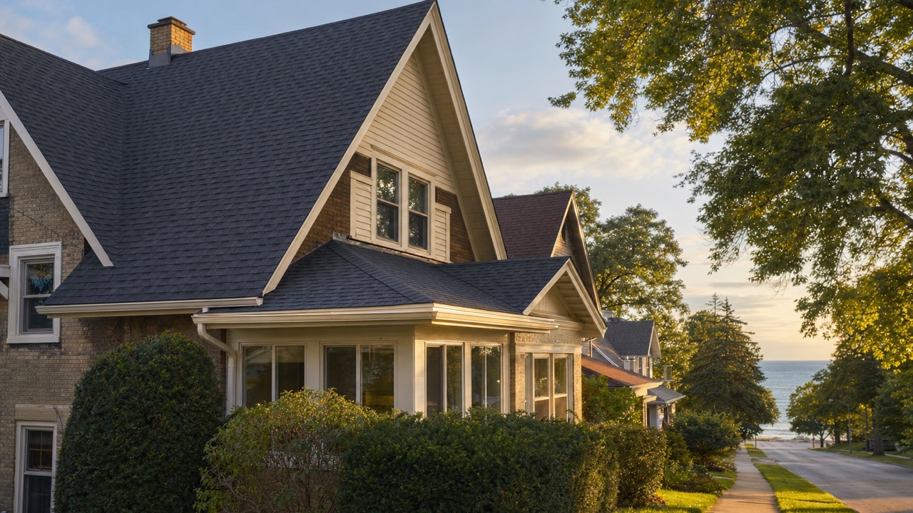 New charcoal architectural shingle roof on a historic lakefront home in Racine, Wisconsin — roof replacement by Lake Point Exteriors.