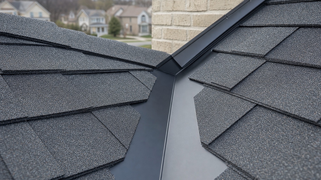 Close-up of new architectural shingles and metal valley flashing on a Milwaukee, Wisconsin duplex roof installed by Lake Point Exteriors.