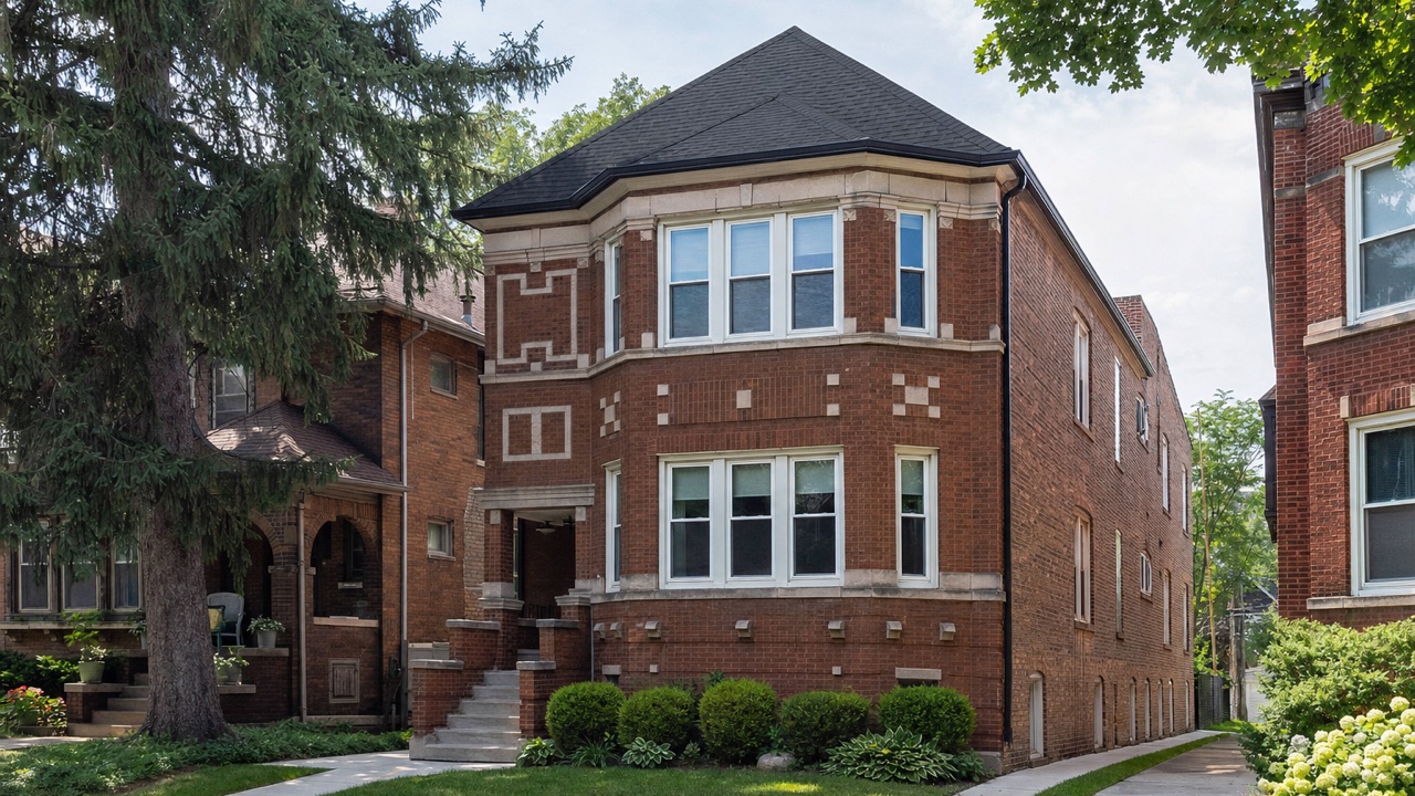 Techo nuevo de tejas arquitectónicas en un two-flat de ladrillo en Chicago, Illinois — instalado por Lake Point Exteriors.