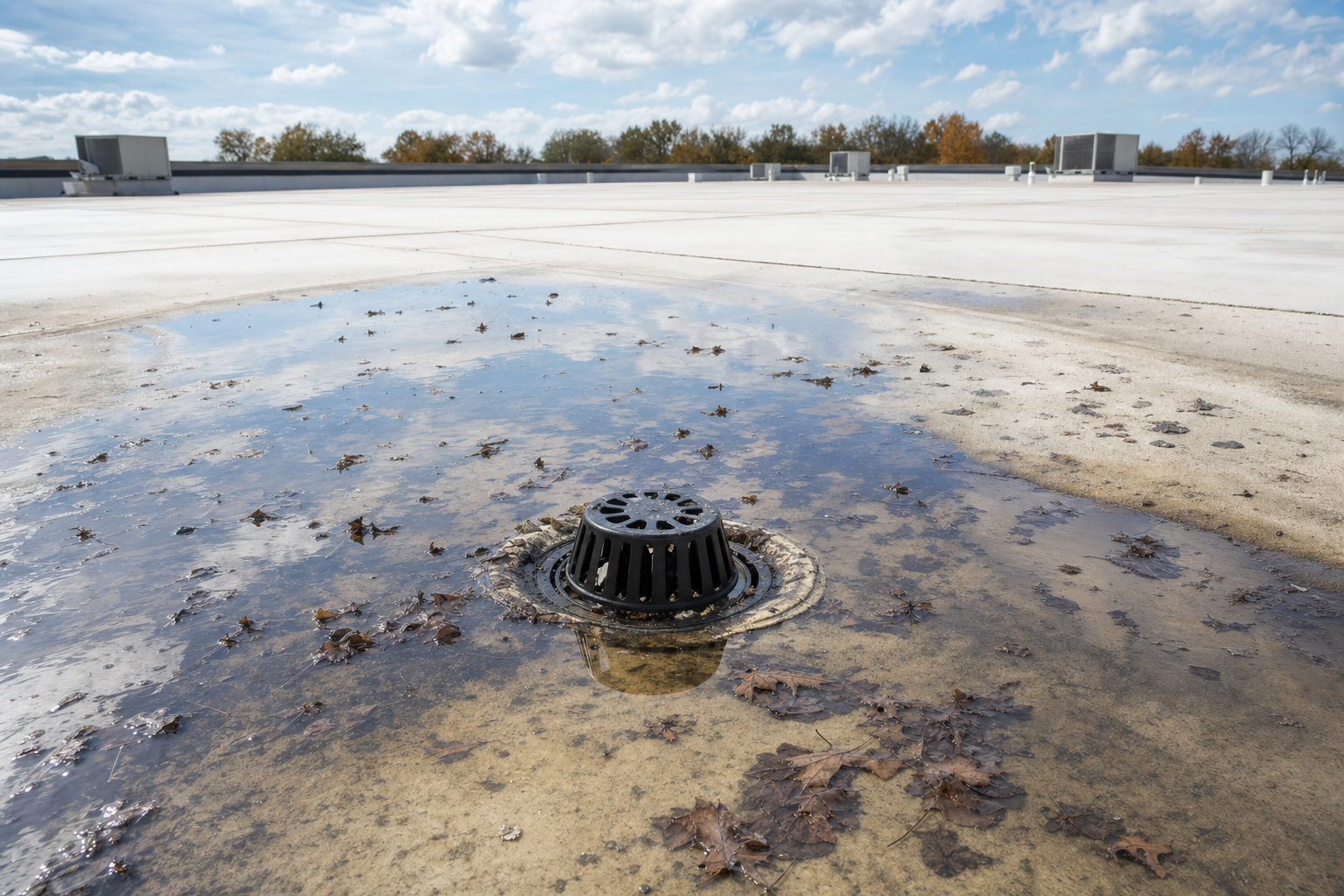 acercamiento fotográfico realista de agua acumulada alrededor de un desagüe en un techo comercial plano con membrana clara, hojas húmedas y marcas de suciedad, cielo parcialmente nublado, sin personas, sin texto