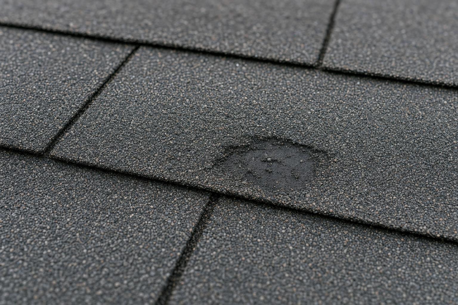 documentary macro photograph of charcoal architectural asphalt shingles showing a random hail bruise, displaced granules, and a shallow impact mark, tactile material detail in soft post-storm light, educational and calm mood, no people, no text