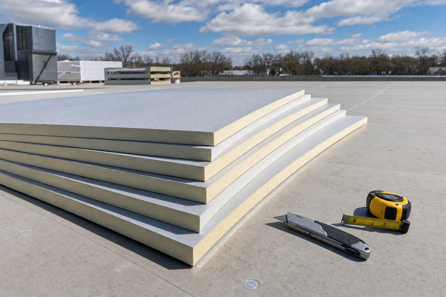 close realistic photo of tapered polyiso insulation boards staged on a clean commercial roof deck, visible stepped thicknesses, utility knife and measuring tape nearby, bright partly-sunny Midwest workday, no text on image