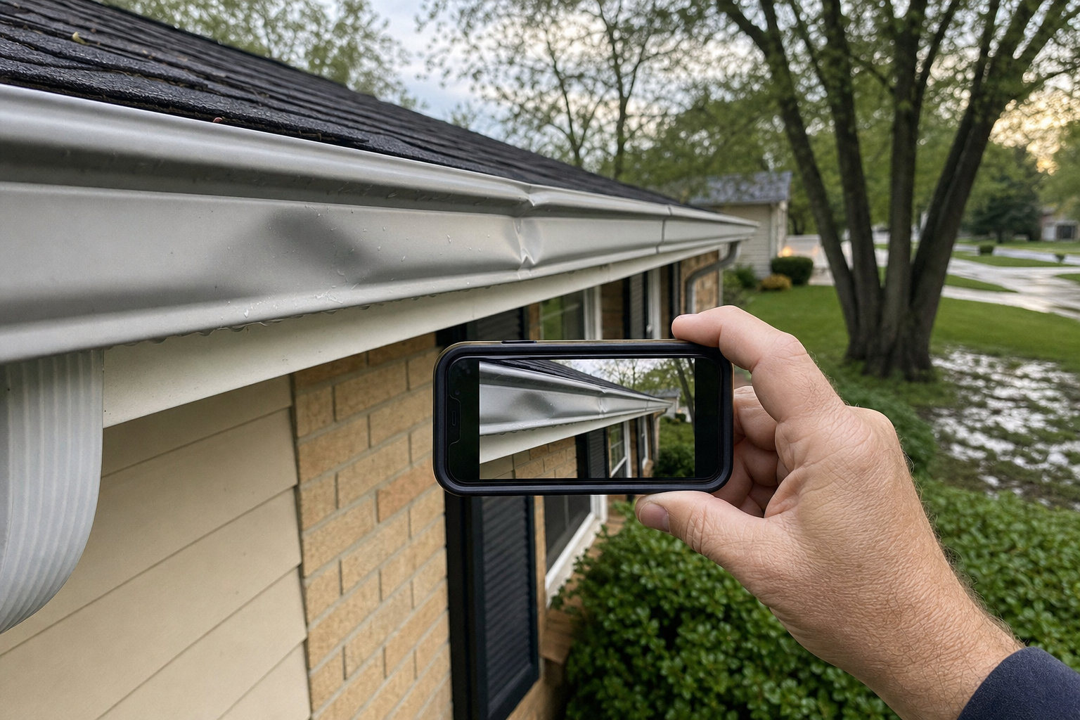 documentary close-up photograph of a homeowner’s hand using a phone to record fresh dents on a metal gutter beside a modest Lake County ranch, mature trees and wet grass after the storm, soft clearing-afternoon light, practical evidence-focused mood, no visible face, no text